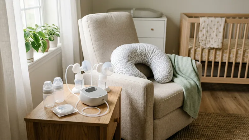 Cozy home nursery bedside setup with double electric breast pump and bottles