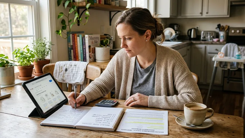 Parent reviewing breast pump insurance options with checklist and tablet at home