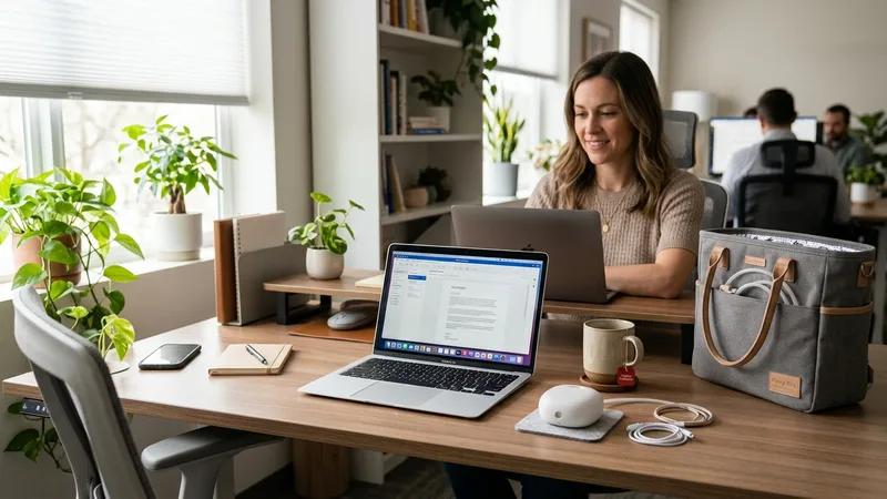 Working mother at a clean desk with laptop and compact portable breast pump