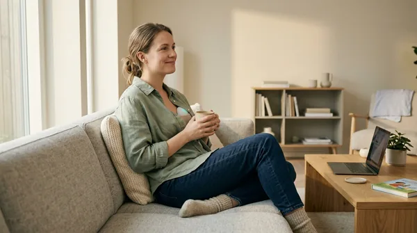 Parent sitting comfortably with a hands-free breast pump under clothing